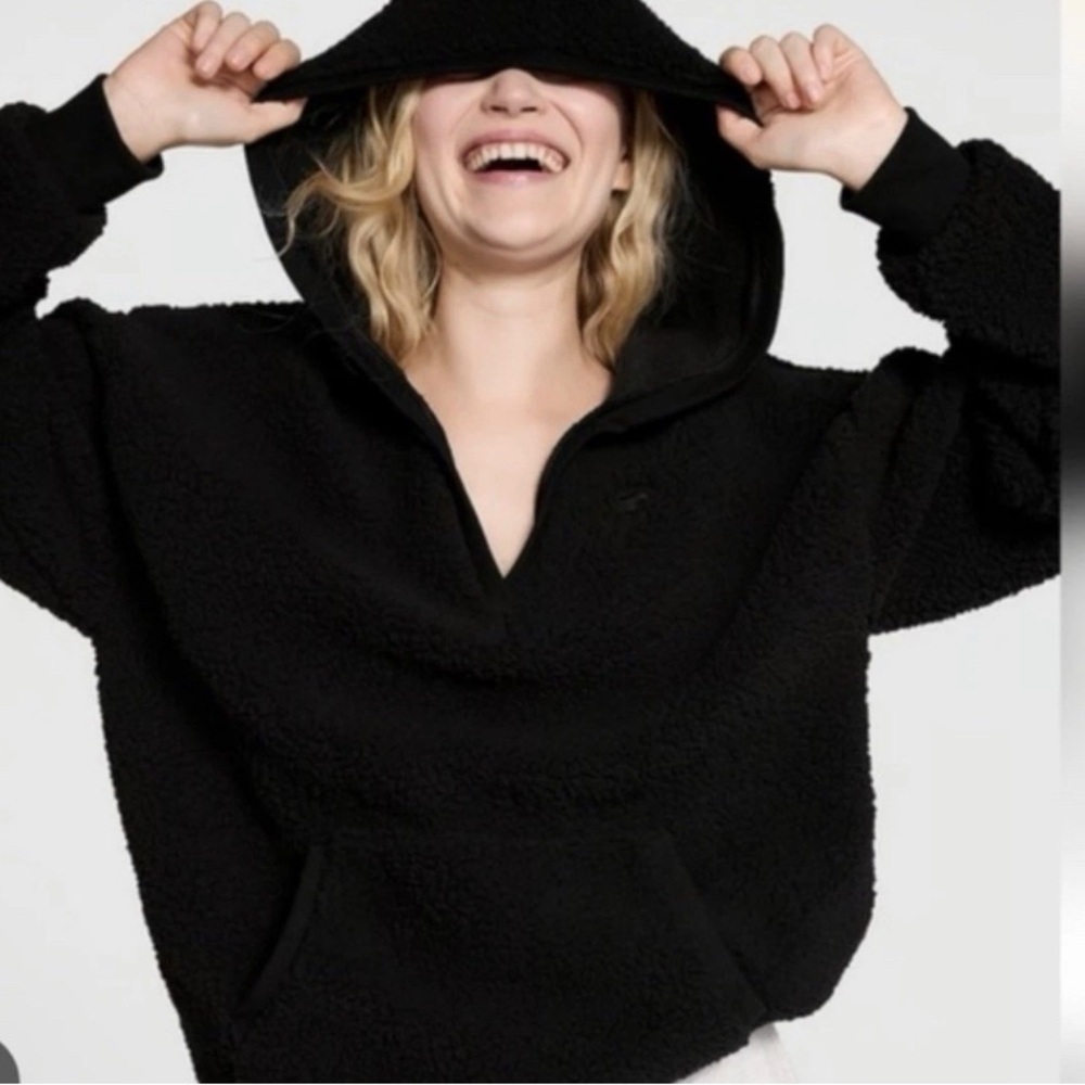 PINK Victoria's Secret Black Sherpa Pullover Hoodie M